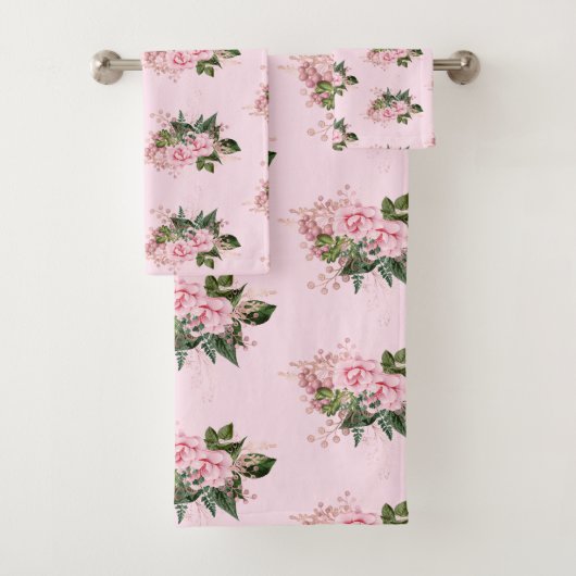 PINK FLORAL BOTANICAL BATHROOM TOWEL SET BAD HANDDOEK (Insitu)