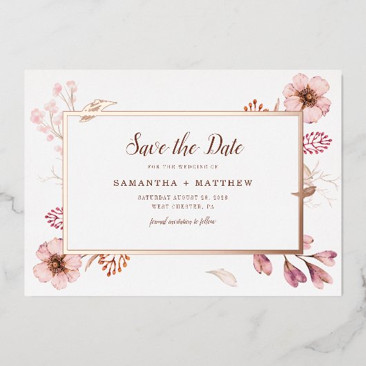 Pink Floral Botanical Save the Date Wedding Folie Uitnodiging (Voorkant)