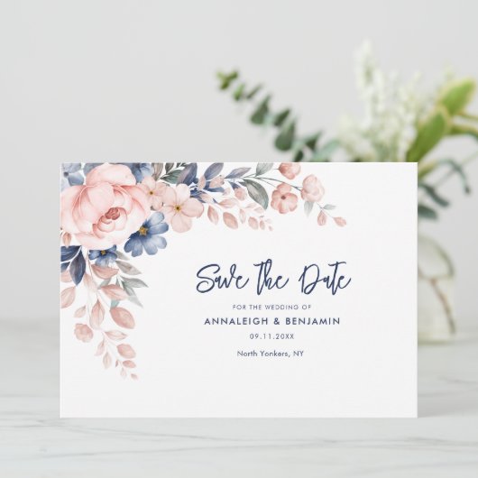 Pink Floral Botanical Wedding Script Save The Date (Staand voorkant)