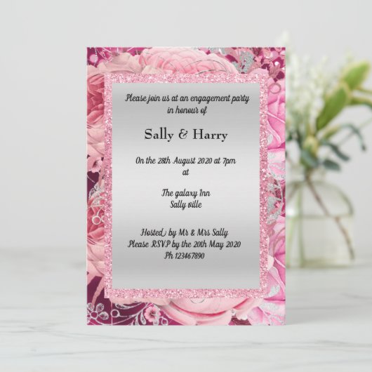 PINK FLORAL BOUQUET GLITTER BIRTHDAY KAART (Staand voorkant)