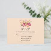Pink Floral Bouquet op Peach Pastel Wedding RSVP (Staand voorkant)