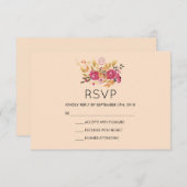 Pink Floral Bouquet op Peach Pastel Wedding RSVP (Voorkant / Achterkant)