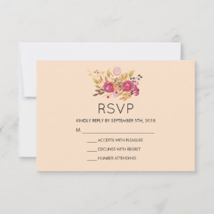 Pink Floral Bouquet op Peach Pastel Wedding RSVP Kaartje