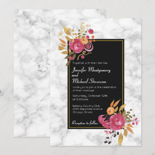 Pink Floral Bouquet over White Marble Wedding Invi Kaart