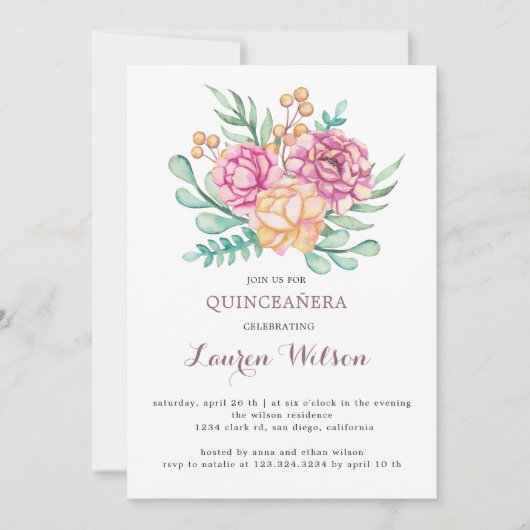 Pink Floral Bouquet Quinceanera Uitnodiging (Voorkant)