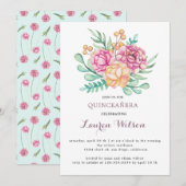 Pink Floral Bouquet Quinceanera Uitnodiging (Voorkant / Achterkant)