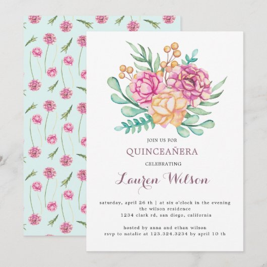 Pink Floral Bouquet Quinceanera Uitnodiging (Voorkant / Achterkant)