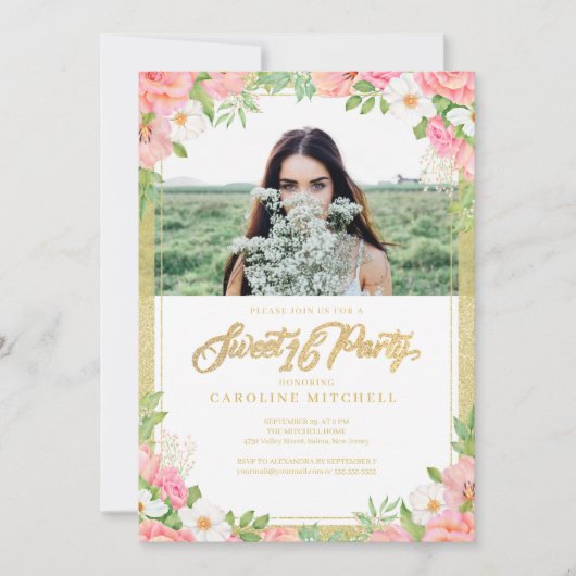 Pink Floral Bouquet Roos Sweet 16 Party Photo Kaart (Voorkant)