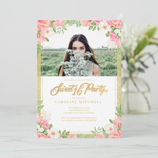 Pink Floral Bouquet Roos Sweet 16 Party Photo Kaart (Staand voorkant)