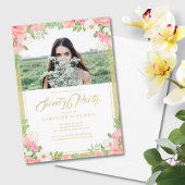 Pink Floral Bouquet Roos Sweet 16 Party Photo Kaart