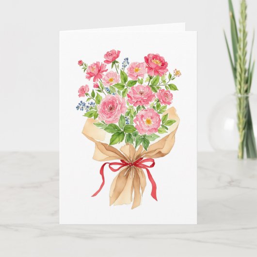 Pink Floral Bouquet Watercolor Valentines Day Feestdagen Kaart (Voorkant)