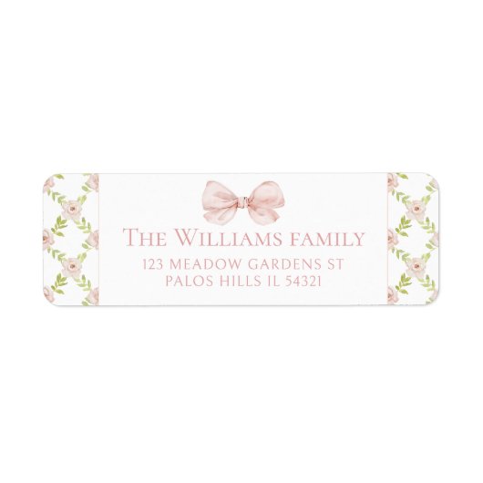 Pink Floral Bow Baby shower retour adreslabels Etiket (Voorkant)