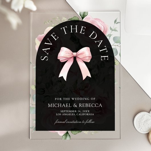 Pink Floral Bow Black Wedding Save the Date Acryl Uitnodigingen