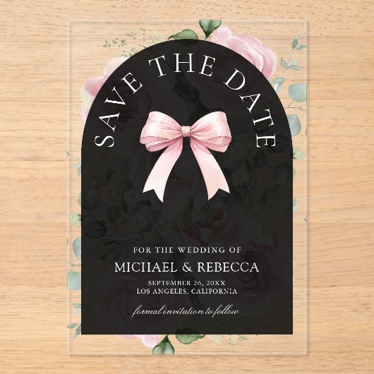 Pink Floral Bow Black Wedding Save the Date Acryl Uitnodigingen (Voorkant)