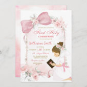 Pink Floral Bow Girl First Holy Communion Kaart (Voorkant / Achterkant)