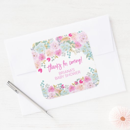 Pink Floral Boy Baby shower Favors Vierkante Sticker (Envelop)