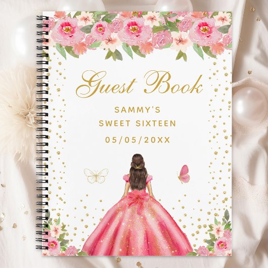 Pink Floral Brunette Hair Princess Sweet Sixteen Notitieboek