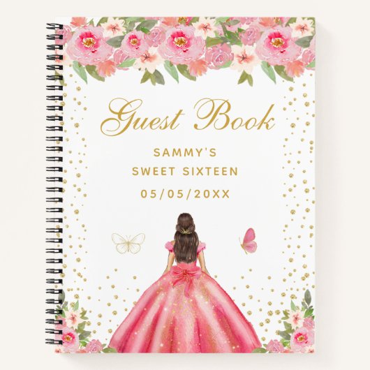 Pink Floral Brunette Hair Princess Sweet Sixteen Notitieboek (Voorkant)