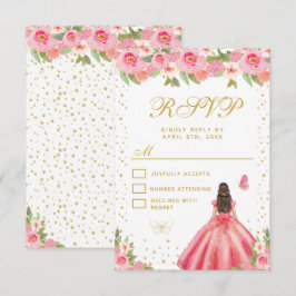 Pink Floral Brunette Hair Princess Sweet Sixteen RSVP Kaartje