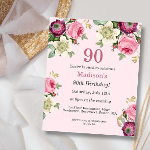 Pink Floral   Budget 90th Birthday Invitation