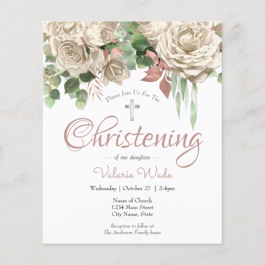 Pink Floral Budget Christening Flyer (Voorkant)