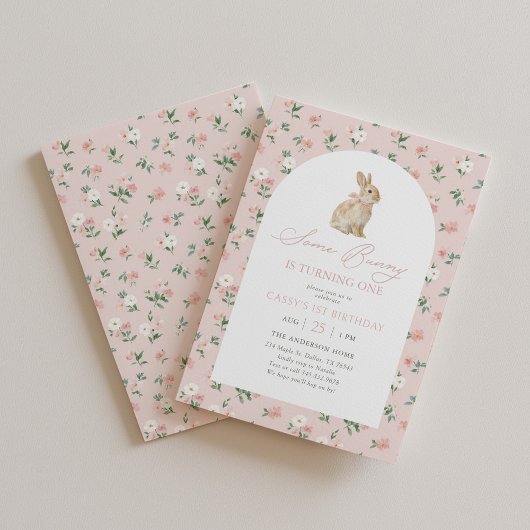 Pink Floral Bunny 1st Birthday Kaart