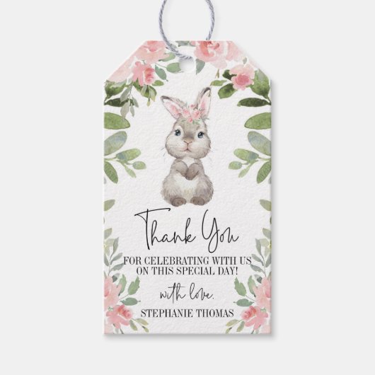 Pink Floral Bunny Baby shower Gift Label Cadeaulabel (Voorkant)