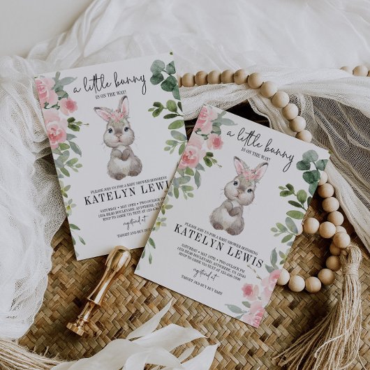 Pink Floral Bunny Baby shower Greenery Kaart