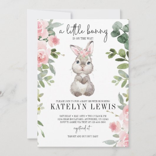 Pink Floral Bunny Baby shower Greenery Kaart (Voorkant)