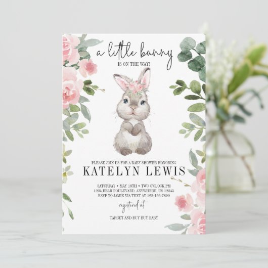 Pink Floral Bunny Baby shower Greenery Kaart (Staand voorkant)