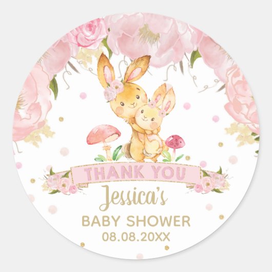Pink Floral Bunny Baby shower Meisje Dank u Ronde Sticker (Voorkant)