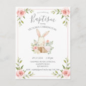 Pink Floral Bunny Baptism Christening Uitnodiging (Voorkant)