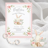 Pink Floral Bunny Baptism Christening Uitnodiging