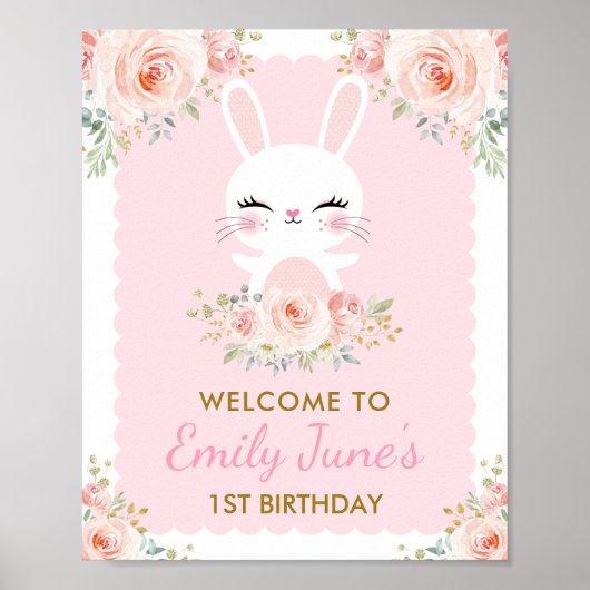 Pink Floral Bunny Cute Rabbit 1st Birthday Party Poster (Voorkant)