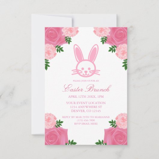 Pink Floral Bunny Easter Brunch Uitnodiging (Voorkant)