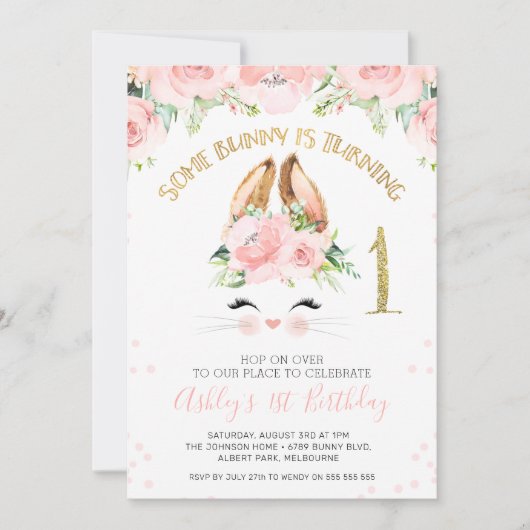 Pink Floral Bunny Face 1st Birthday Kaart (Voorkant)