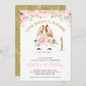 Pink Floral Bunny Face 1st Birthday Kaart (Voorkant / Achterkant)