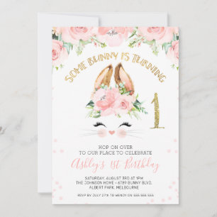 Pink Floral Bunny Face 1st Birthday Kaart
