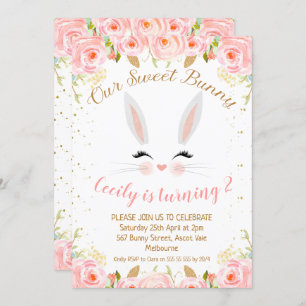 Pink Floral Bunny Face Birthday Uitnodiging