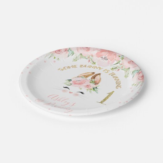 Pink Floral Bunny Face Gold Glitter 1ste verjaarda Papieren Bordje (Gekanteld)