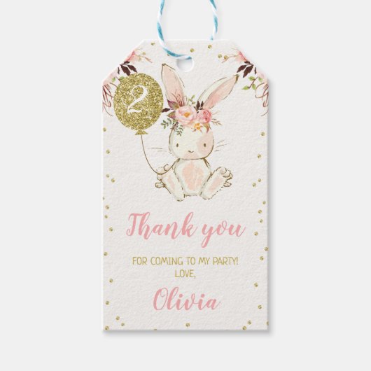 Pink Floral Bunny Gold Balloon Birthday Gift Label Cadeaulabel (Voorkant)