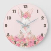 Pink Floral Bunny Kinder Room Baby Nursery Grote Klok (Voorkant)