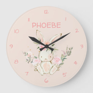 Pink Floral Bunny Nursery Wall Clock Grote Klok