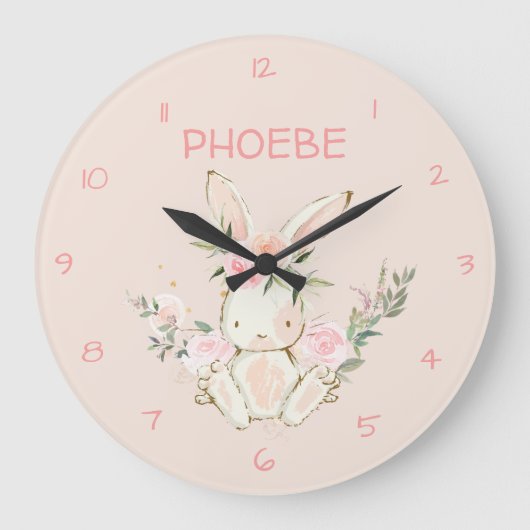 Pink Floral Bunny Nursery Wall Clock Grote Klok (Voorkant)