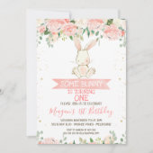 Pink Floral Bunny Rabbit 1st Birthday Kaart (Voorkant)