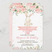Pink Floral Bunny Rabbit 1st Birthday Kaart (Voorkant / Achterkant)