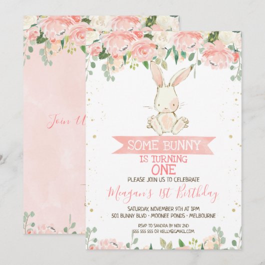 Pink Floral Bunny Rabbit 1st Birthday Kaart (Voorkant / Achterkant)