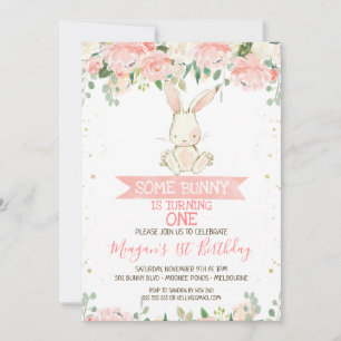 Pink Floral Bunny Rabbit 1st Birthday  Kaart