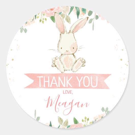 Pink Floral Bunny Rabbit 1st Birthday Ronde Sticker (Voorkant)