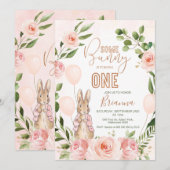 Pink Floral Bunny Rabbit 1st Birthday Uitnodiging (Voorkant / Achterkant)